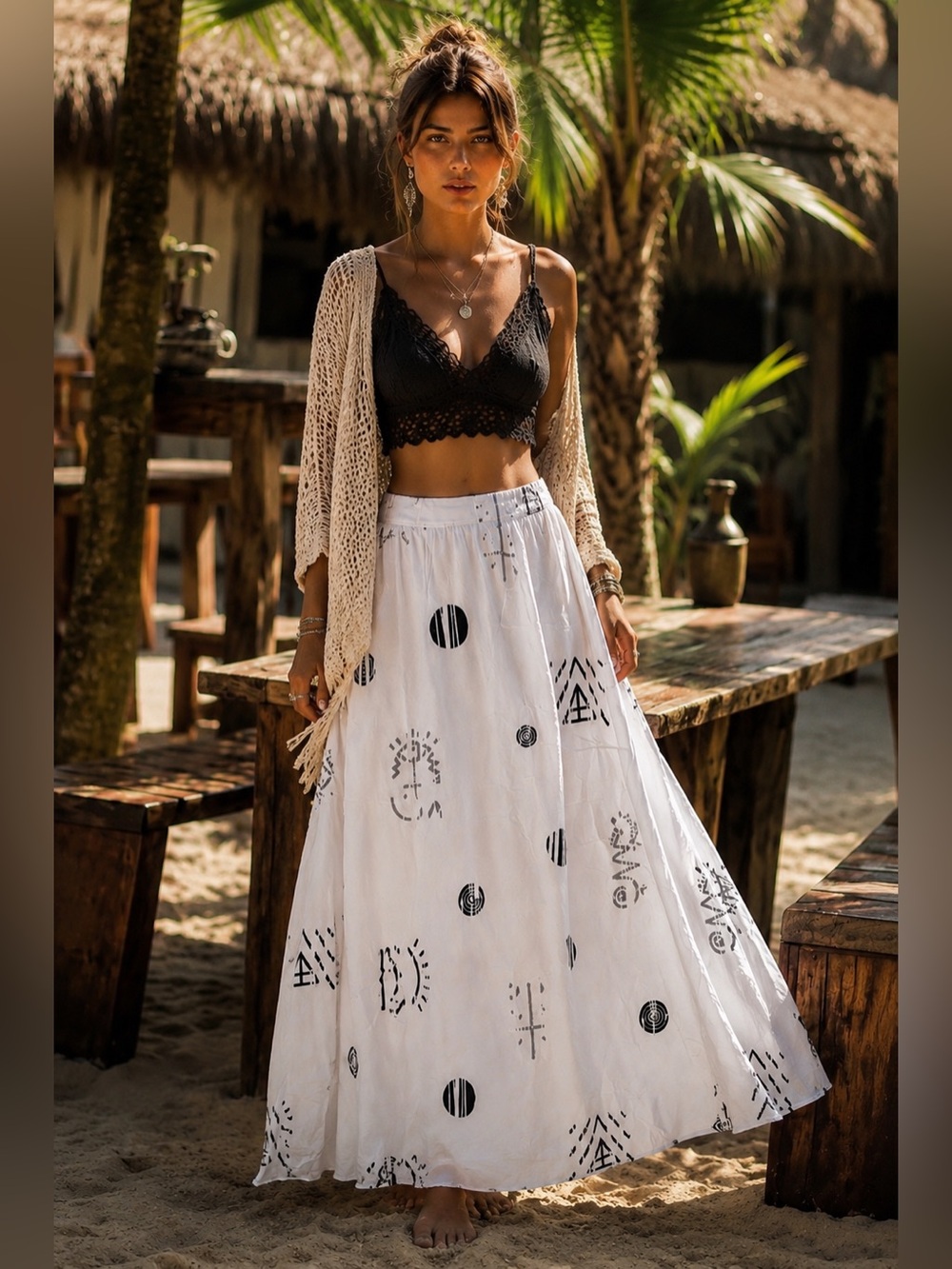 Ashro White Maxi Skirt with Black Geo Motifs New without tag